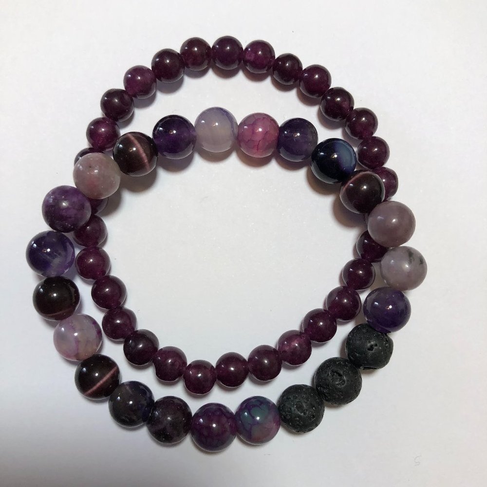 Purple Stretch Beaded Bracelet Set of Amethyst, Agate, Lepidolite, and Lava Rock